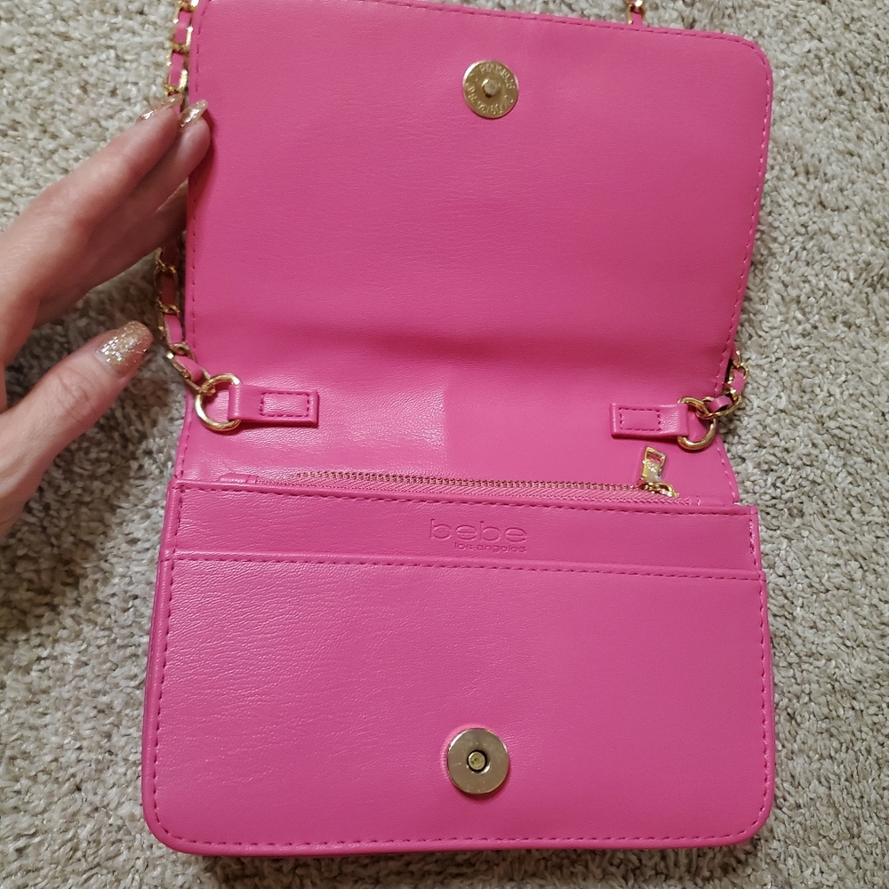 Bebe Hot Pink Quilted "B" Logo Wallet on Chain Crossbody Bag - Picture 4 of 8